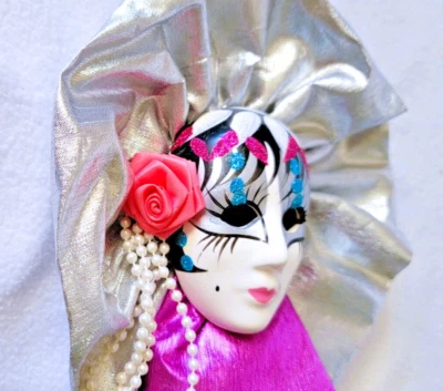 Máscara facial de cerámica de porcelana Mardi Gras colgante de pared, pintada a mano, EXCELENTE Foto 1 de 4