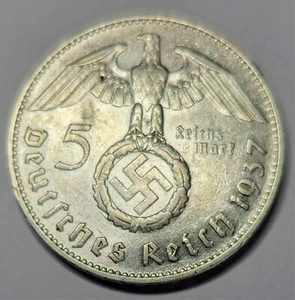 Germany 5 Reichsmark 1937 F HINDENBURG Swastika ss-vz. Silver KM#94 - Picture 1 of 2