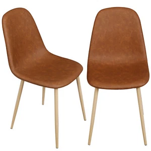 Set of 2 Dining Room Side Chairs Mid Century Washable PU Cushion Seat Back Brown - Picture 1 of 24