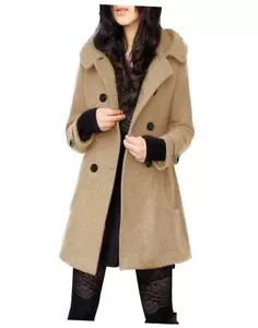  Women's Warm Double Breasted Wool Pea Coat Trench Coat Jacket with Large Khaki - Picture 1 of 6