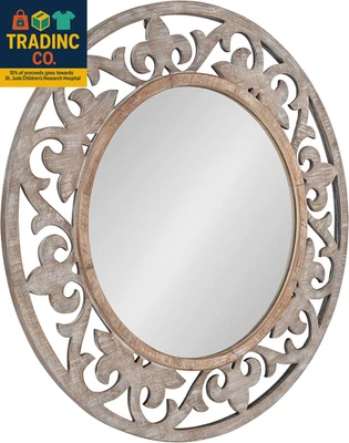 Shovali Rustic round Mirror, 31.5 Diameter, Rustic Whitewash, Ornate Wood-Carved - Image 1 of 4
