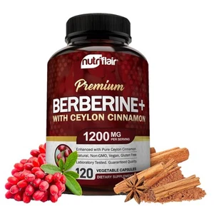 Nutriflair Premium Berberine HCL 1200mg 120 Capsules Organic Ceylon Cinnamon - Picture 1 of 12
