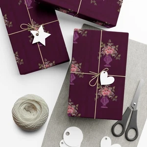 Vintage Floral Wrapping Paper Pink Roses Bouquet in Purple Vase Gift Wrap - Picture 1 of 25