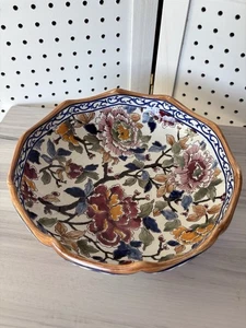 Gien France Peonie Floral Scalloped Serving Bowl Dish Ceremic Hand Paint Signed - Picture 1 of 12