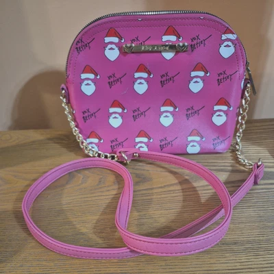 Bolsa de ombro Betsey Johnson rosa quente Natal Natal Papai Noel impressão rosto - Imagem 1 de 4