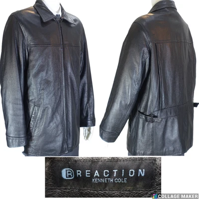 KENNETH COLE REACTION~EC!!~BLACK LEATHER ZIPPER COAT ADJUSTABLE SIDE TABS SZ: L - Image 1 of 4