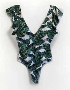 NWT XL Shein One Piece Green White Palm Leaves Flutter Ruffle Sleeve Swim Suit - Picture 1 of 7