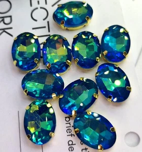 10 13x18 Opal Candy Sapphire Blue AB Oval Sew On Glass Crystals Rhinestones Gold - Picture 1 of 6