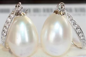 10-13mm good AAA+ real natural south sea white pearl drop earring 925 silver - Picture 1 of 5