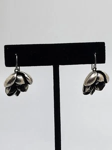 Silver Tone Metal And Rhinestone Flower Fossil Dangle Drop Hook Earrings - Picture 1 of 6