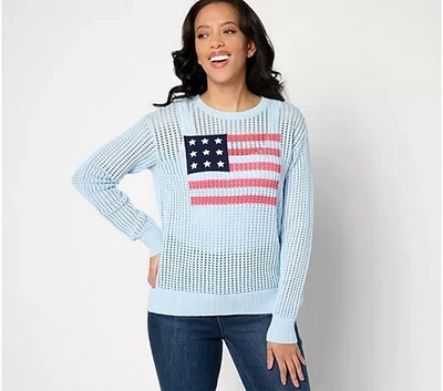 Suéter Joan Rivers Colección Clásica Bandera Americana Algodón Azul Pálido S Nuevo Foto 1 de 4