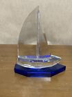 Vintage Sorelle Crystal Sailboat Paperweight With Blue Simulated Water Base