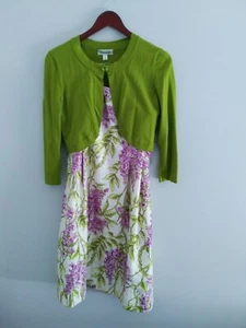 Set 2 pezzi verde viola taglia 4 abito floreale linea A scrollato cardigan femminile - Foto 1 di 20