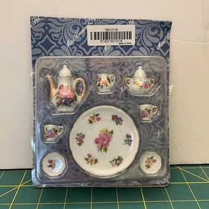 Victorian Rose Floral Mini Tea Set 8 pc White Gold Pink Green New Ceramic - Picture 1 of 8