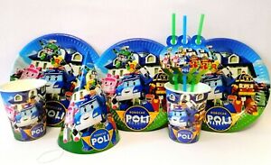 Robocar Poli Party tableware Birthday decorations Banner Plates Cups hats bags