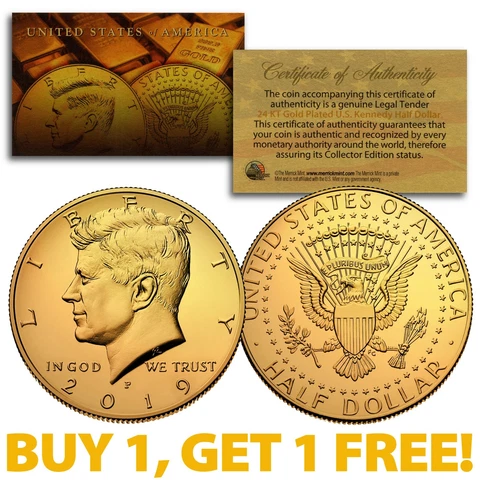 2019-P 24K GOLD Gilded JFK Kennedy Half Dollar Coin (P Mint) BUY 1 GET 1 FREE Cover