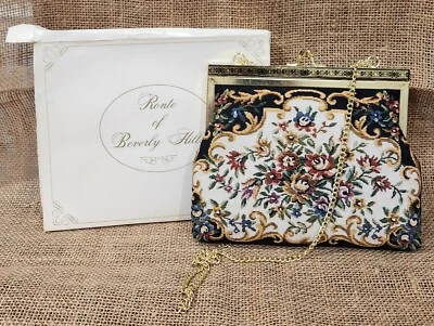 Vintage Ronte of Beverly Hills Purse-Hand Bag Gold Chain Floral & Black With box - Image 1 of 4