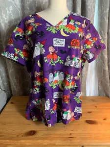 PEANUTS Halloween Scrub Top "Great Pumpkin" Charlie Brown size XL Purple V-Neck - Picture 1 of 17