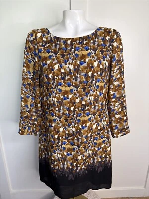 TIBI Womens Size 6 Brown Blue Print Silk Shift Dress 3/4 Sleeves Lined - Image 1 of 4