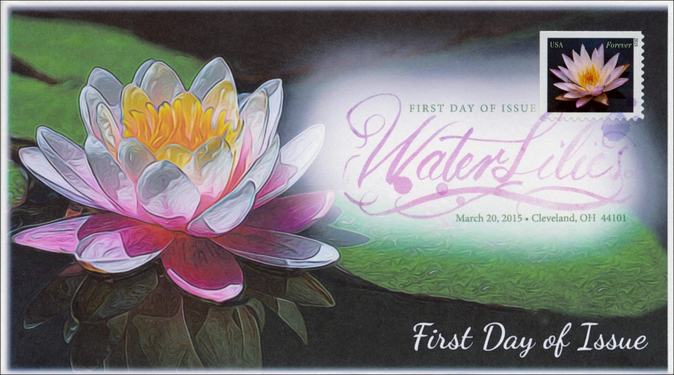 2015, Water Lilies, white, Pink, Cleveland OH, FDC, DCP, 15-044 - Image 1 of 1