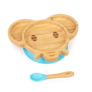Kindergeschirr Set Bambusteller Löffel 250 ml Baby Besteck 18x18 cm Blau Elefant - Afbeelding 1 van 9
