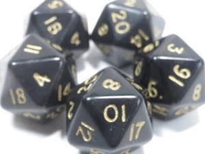 RPG Dice Set of 5 D20 - Opaque Black w/ gold ink - Picture 1 of 2