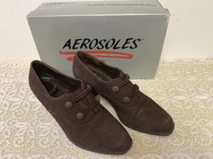 AEROSOLES 7 B WOMEN'S DARK BROWN NUBUCK LEATHER SLIP-ON HEELS PUMPS PANT SHOES - Picture 1 of 6