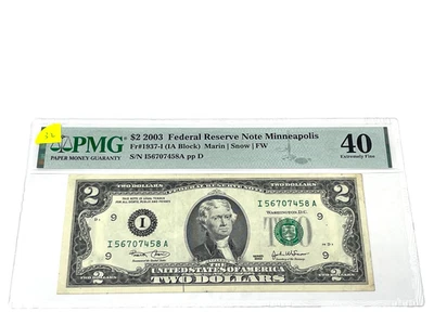 2003 $2 Two Dollars, FEDERAL RESERVE NOTE Minneapolis, PMG 40 Extrem. Fine (#32) - Image 1 of 2