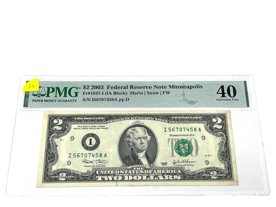 2003 $2 Two Dollars, FEDERAL RESERVE NOTE Minneapolis, PMG 40 Extrem. Fine (#32) - Image 1 of 2