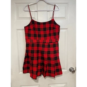 Red Black Buffalo Plaid Romper Mini Dress H&M Divided Strappy Sleeveless Size L - Picture 1 of 9