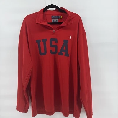 Пуловер Polo Ralph Lauren США олимпийский 1/4 на молнии красный с длинным рукавом тренировочный XXL - Изображение 1 из 4