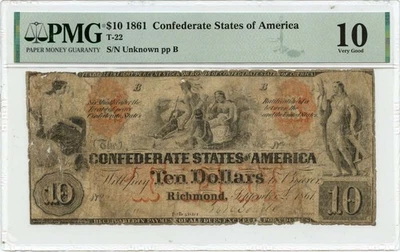 1861 $10 Confederate States of America T-22 CSA PMG VG10 - Image 1 of 2