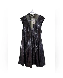 Free People Black Combo Sequin Mini Sheer V Top Party Cocktail Dress Sz XS NWT - Picture 1 of 12