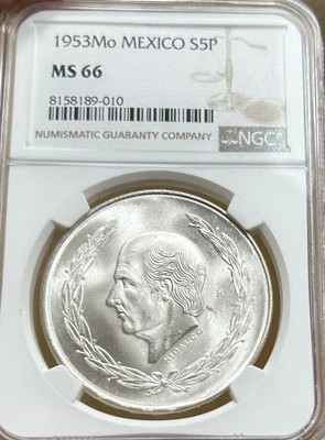 1953 Mo Mexico Silver 5 Peso NGC MS66 S5P Bright White - Image 1 of 2