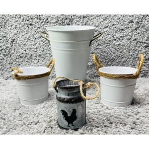 White Metal Bucket Container Round Farmhouse Bundle Of 4 Size Varies Home Decor - Picture 1 of 11