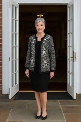 Кардиган Cathy Daniels с цветочным рисунком M черный белый вышитый вязаный коттеджкор карьера - Изображение 1 из 4