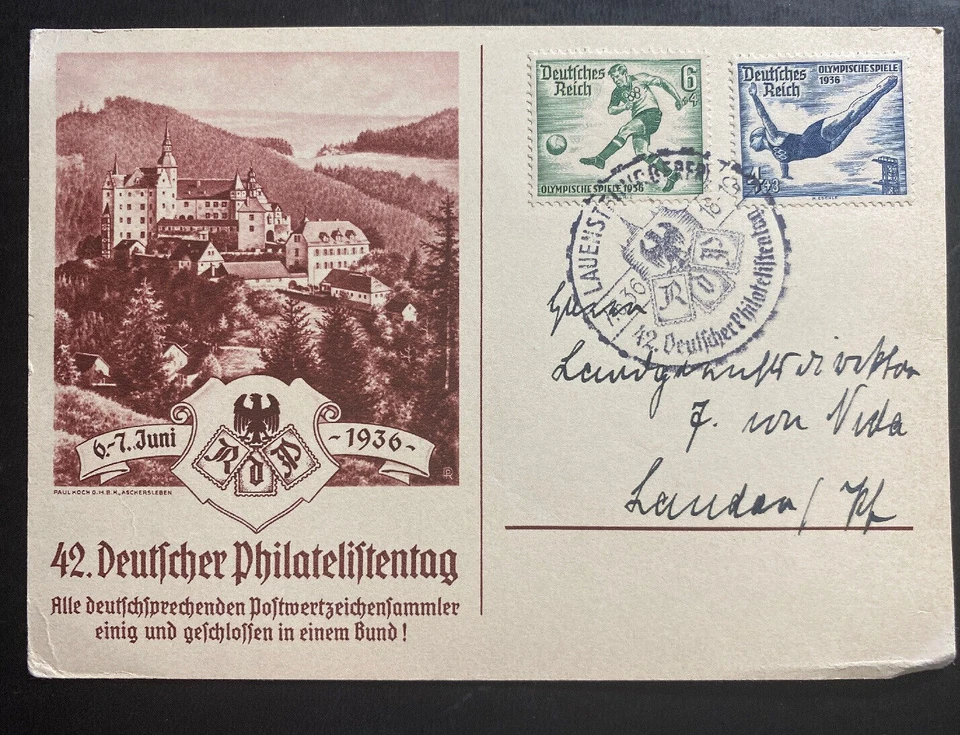 1936 Germany Postcard First Day cover FDC Philatelic Exhibition Olympic Stamps - Image 1 of 2