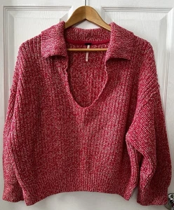Free People Love This City Pink Marled Knit Cropped Boxy Sweater Size L Boho - Picture 1 of 14