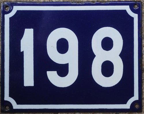 Large old blue French house number 198 door gate plate plaque enamel ...