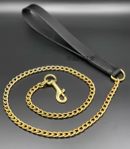 Gold Chain Dog Lead Heavy Duty with Black Leather Handle - Picture 1 of 1