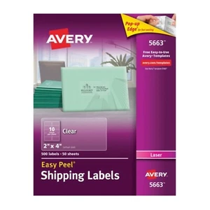 Etiquetas de envío Avery Easy Peeling 2 x 4 láser de borde emergente transparente 500 paquetes 5663 - Imagen 1 de 7