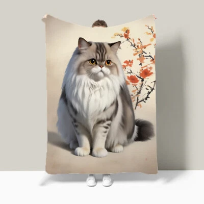 Cute Persian Cat Flower Comfy Flannel Bedspread Sofa Throw Blanket Holiday Gift - Image 1 of 4