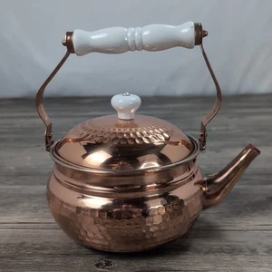 Vintage Style Hammered Copper Tea Kettle with White Porcelain Handle and Knob - Picture 1 of 17