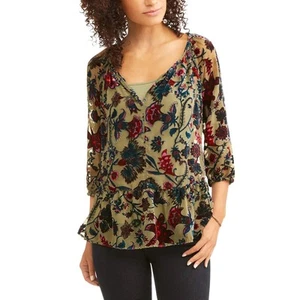 Faded Glory Green Floral Velvet Burnout Peplum Peasant Top Size Large - Picture 1 of 5