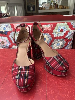 Used Once Torrid  BETSEY JOHNSON Red Plaid 4.7" Heels size 11 WW Christmas - Image 1 of 4