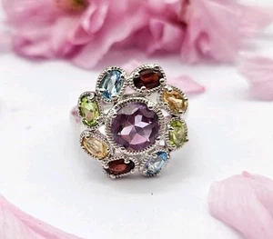 Sterling Silver Multi Gemstone Ring, Size S, New, Stylish Beautiful - Picture 1 of 13