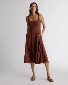 Quince Women's Tencel Jersey Scoop Neck Fit & Flare Dress CD4 Brown Medium NWT - Picture 1 of 13
