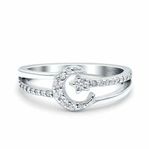 Mond Stern Ring rund simuliert Zirkonia geteilter Schaft 925 Sterling Silber - Bild 1 von 3