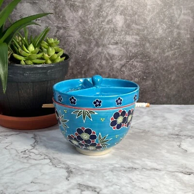 6"Oriental Floral Pattern Sky Blue Ceramic Ramen Noodle Rice Bowl Set of 3 piece