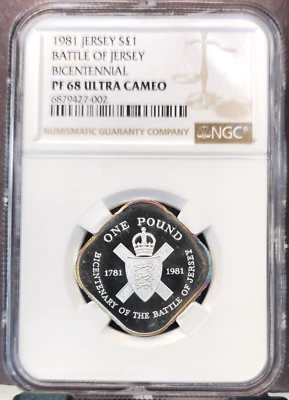1981 JERSEY SILVER 1 POUND BATTLE OF JERSEY NGC PF 68 ULTRA CAMEO RARE TOP POP - Image 1 of 3
